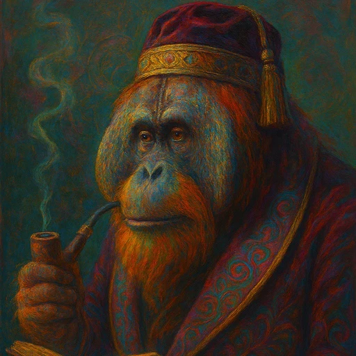 Arthur, an orangutan in a red fez and patterned dressing gown, holding a pipe
