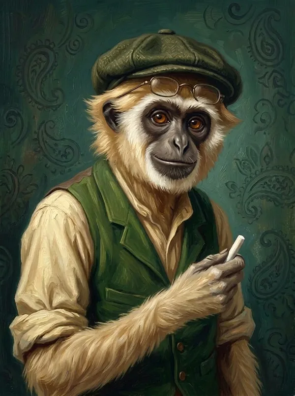 Barnaby, a gibbon in a flat cap, spectacles and waistcoat, holding a piece of chalk