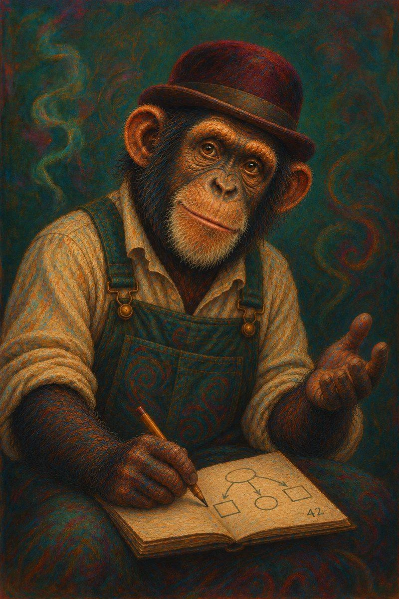 Ernest, a chimpanzee in a bowler hat and overalls, sketching a process in a notebook