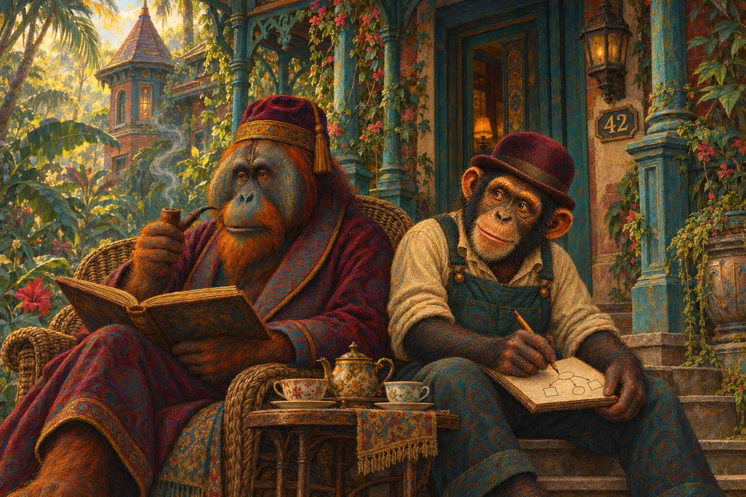 Arthur, an orangutan in a fez, reading on the porch of their house with his pipe, and Ernest, a chimpanzee in a bowler hat, sketching a process in a notebook